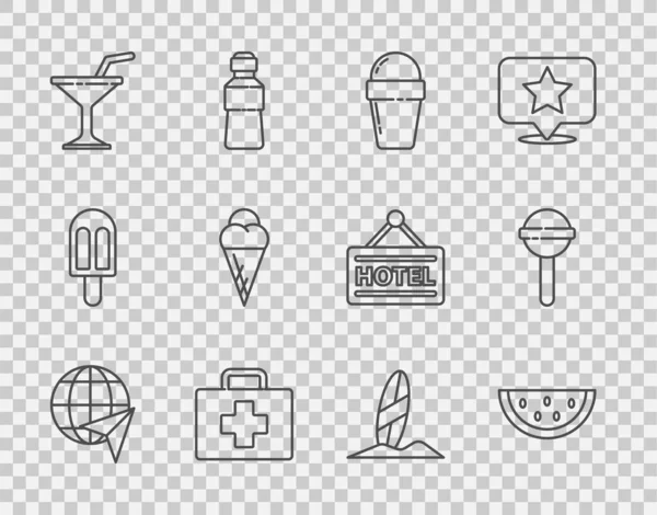 Set line Globe with flying plane, Watermelon, Ice cream waffle cone, First aid kit, Martini glass, Surfboard and Lollipop icon. Vector — Vetor de Stock