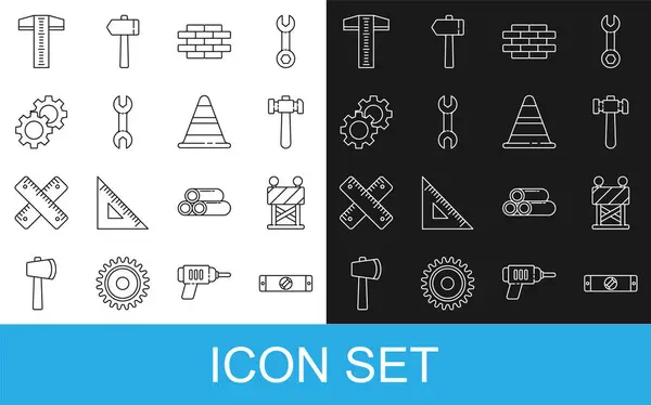 Set line Construction bubble level, Road barrier, Hammer, Bricks, Wrench spanner, Gear, T-square line and Traffic cone icon. Vector — Vetor de Stock