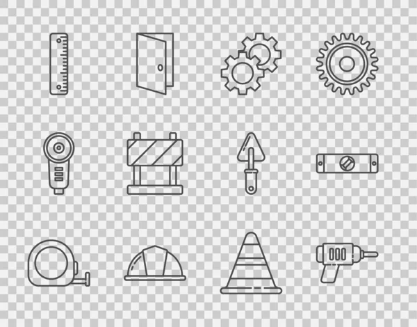 Set line Construcción de ruleta, Taladradora eléctrica, Engranaje, Casco de seguridad del trabajador, Regla, Barrera vial, Cono de tráfico e icono de nivel de burbuja de construcción. Vector — Archivo Imágenes Vectoriales