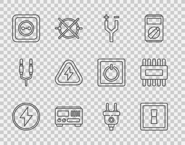 Set line Lightning bolt, Electric light switch, cable, Electrical measuring instruments, outlet, High voltage, plug and Processor with microcircuits CPU icon. Vector — Stock Vector
