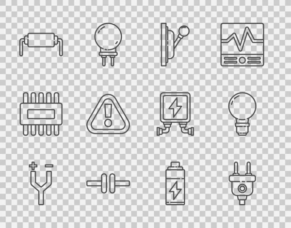 Set line Electric cable, plug, Electrical panel, circuit scheme, Resistor electricity, Exclamation mark in triangle, Battery and Light bulb with concept of idea icon. Vector — стоковый вектор