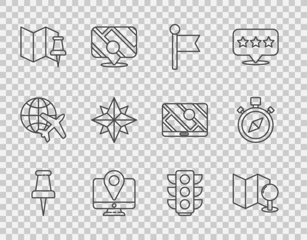 Set line Push pin, Folded map with push, Location marker, Monitor location, Wind rose, Traffic light and Compass icon. Vector — Stockvector