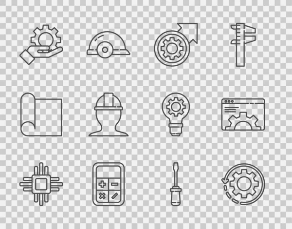 Set line Processor with microcircuits CPU, Gear and arrows as workflow, process, Calculator, Settings in the hand, Worker safety helmet, Screwdriver and Browser setting icon. Vector — Stockvektor
