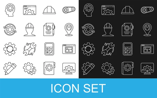 Set line Computer monitor and gear, House plan, Location with wrench spanner, Worker safety helmet, Gear arrows as workflow, Human head inside and Document settings pen icon. Vector — Vetor de Stock