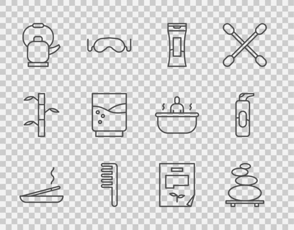 Set line Scented spa stick, Stack hot stones, Bottle of shampoo, Hairbrush, Kettle with handle, Glass water, Leaf document and Spray can for hairspray icon. Vector — Archivo Imágenes Vectoriales