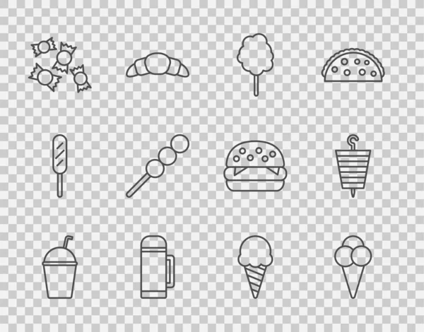 Set line batido, helado en cono de gofre, algodón de azúcar, termo contenedor, caramelo, albóndigas palo de madera, y shish kebab a la parrilla icono. Vector — Archivo Imágenes Vectoriales