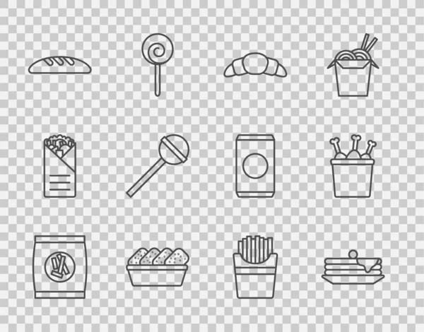 Set line Hard bread chucks crackers, Stack of pancakes, Croissant, Chicken nuggets in box, Bread loaf, Lollipop, Potatoes french fries and leg package icon. Vector —  Vetores de Stock
