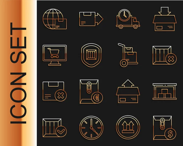 Set line Envelope with dollar symbol, Wooden box and delete, Logistics delivery truck clock, Delivery security shield, Shopping cart on computer, Worldwide shipping and Hand boxes icon. Vector — Vettoriale Stock