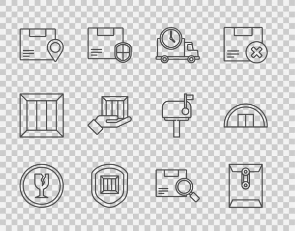 Ställ in linje Bräckligt krossat glas, Kuvert, Logistik leverans lastbil och klocka, Leverans säkerhet med sköld, Plats kartong, handlådor, Sök paket och Magasin ikon. Vektor — Stock vektor