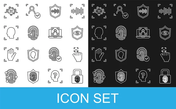 Set line Fingerprint with lock, Shield eye scan, voice recognition, Face, Rejection and Laptop face icon. Vector — Vetor de Stock