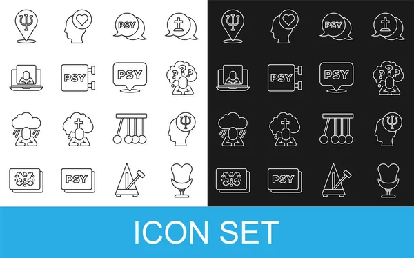 Set line Armchair, Psychology, Psi, Head with question mark, Psychologist online, and icon. Vector — Wektor stockowy