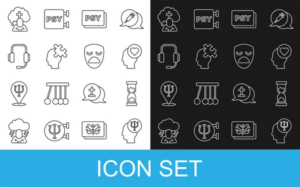 Set line Psychology, Psi, Old hourglass, Broken heart or divorce, Solution to the problem, Psychologist online, Man graves funeral sorrow and Drama theatrical mask icon. Vector — стоковый вектор