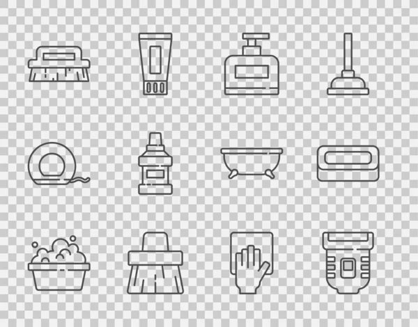 Set line Basin with soap suds, Epilator, Bottle of shampoo, Handle broom, Brush for cleaning, Mouthwash bottle, Cleaning service and Bar icon. Vector — Stockvektor