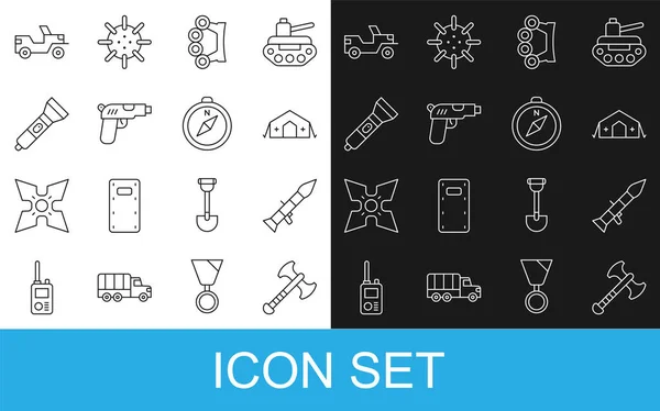 Set line War axe, Rocket launcher, Military medical tent, Brass knuckles, Pistol or gun, Flashlight, jeep and Compass icon. Vector — Stock vektor