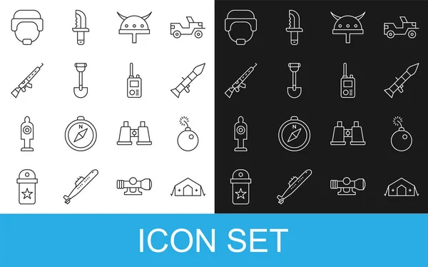 Set line Military medical tent, Bomb ready to explode, Rocket launcher, Viking in horned helmet, Sapper shovel, Sniper rifle with scope, and Walkie talkie icon. Vector — Stockvector