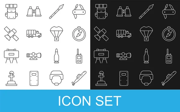 Set line Submarine, Walkie talkie, Compass, Medieval spear, Military truck, Satellite, Hiking backpack and Box flying on parachute icon. Vector — Vettoriale Stock