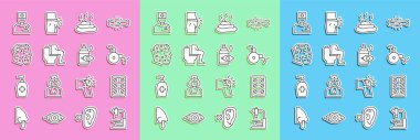 Set line Microscope, Pills in blister pack, Wheelchair, Shit, Constipation, Psoriasis or eczema rash, Male doctor and Eye drop bottle icon. Vector