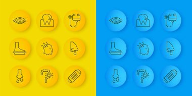 Sabit çizgi, düz ayak, baş ağrısı olan adam, tıbbi koruyucu maske, kırmızı göz, stetoskop ve dişler. Vektör