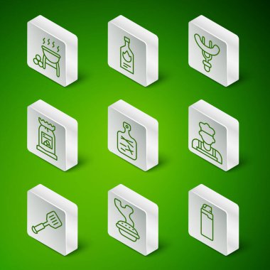 Lighter, Ev Yapımı Turta, Barbekü Izgara, Kesme tahtası, Kömür Torbası, Tabasco sosu, Spatula ve Cook ikonu. Vektör