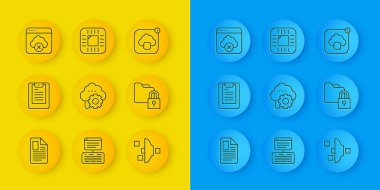 Satır Dosya belgesi, Sunucu, Veri Raporu, Bulut teknoloji veri transferi, Filtre ayarı, Dizin ve kilit, Başarısız Erişim Bulutu depolama ve İşlemci ile İşlemci simgesini ayarla. Vektör