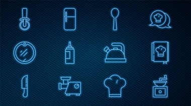 El yapımı kahve öğütücü, yemek kitabı, kaşık, sos şişesi, kesme tahtası, pizza bıçağı, saplı kettle ve buzdolabı ikonu. Vektör