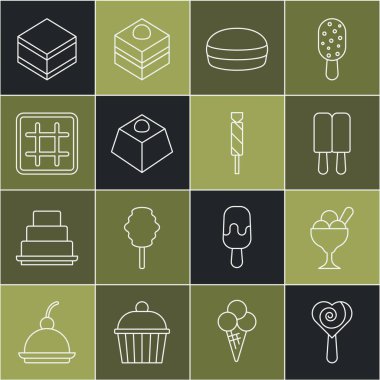 Set hattı, lolipop, kasede dondurma, Macaron kurabiyesi, çikolatalı kek, Waffle ve Candy ikonu. Vektör
