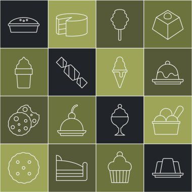 Jöleli pasta, kasede dondurma, kek, pamuk şeker, şeker, waffle konisi, ev yapımı turta ve ikon. Vektör