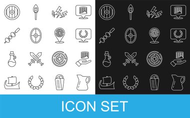 Bir şişe zeytinyağı, Kadim sütunu, Laurel çelengi, Zeus, Yunan kalkanı, çubukta zeytin ve peynir, ve Minotaur labirent ikonu. Vektör