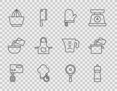 Elektrik karıştırıcı, biber, fırın eldiveni, şef şapkası, meyve sıkacağı, mutfak önlüğü, kızartma tavası ve tencere ikonu. Vektör