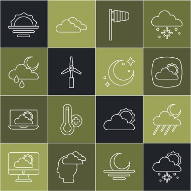 Çizgiyi kar ve güneş ile belirleyin, yağmur ayı, hava tahmini, koni rüzgar gülü değirmeni, rüzgar türbini, gündoğumu ve ay yıldızları ikonu. Vektör