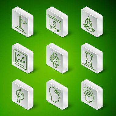 İçinde teçhizat olan insan kafası, üçüncü göz, bayrak, akıllı saat, finansal büyüme artışı, hedef dolar, ıslık ve kum saati simgesi. Vektör