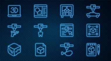 Çizgiyi kağıda, geometrik figür küpüne, 3D yazıcıya, dişe, silaha, ayara ve yazılım simgesine ayarla. Vektör