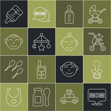 Konuşma baloncuğu anne, bebek emziği, bebek arabası, şişe, beşikte asılı oyuncaklar, küçük çocuk kafası ve ikon. Vektör