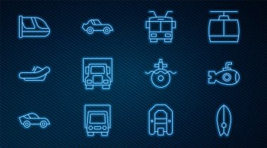 Sörf tahtası, denizaltı, Trolleybus, kargo kamyonu, rafting botu, tren ve tren yolu ve araba ikonu. Vektör
