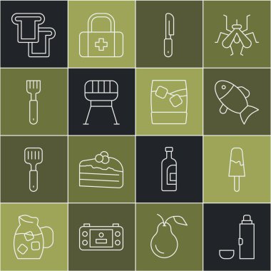 Termos kabı, dondurma, balık, bıçak, barbekü ızgarası, çatal, ekmek tostu ve buzlu viski bardağı. Vektör