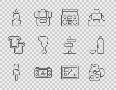 Dondurma, suyla sürahi bardağı, ev teybi iki hoparlör, taşınabilir video oyun konsolu, sos şişesi, tavuk bacağı, katlanmış harita ve termos kabı ikonu. Vektör