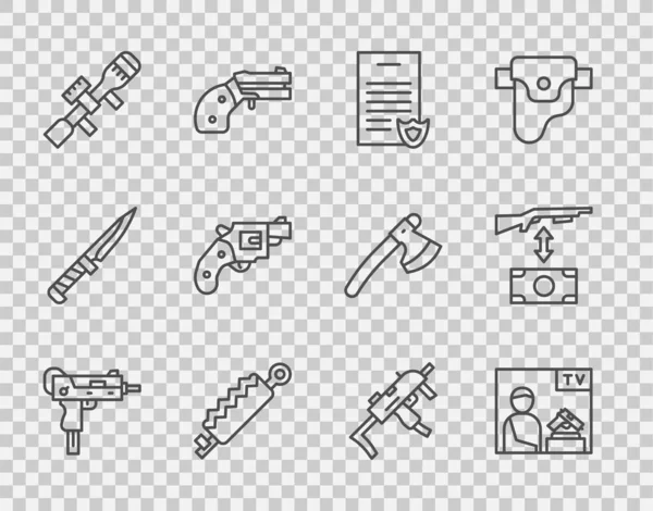 Set line UZI submachine gun, Advertising weapon, Firearms license certificate, Trap hunting, Sniper optical sight, Small revolver, MP9I and Buying assault rifle icon. Vector — Stockvektor