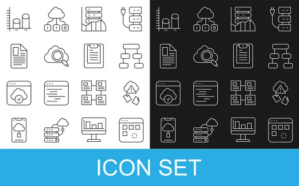 Set line Loading data window, Cloud hacking, Hierarchy organogram chart, Server, Data, Web Hosting, Search cloud computing, File document, analysis and report icon. Vector — Vetor de Stock