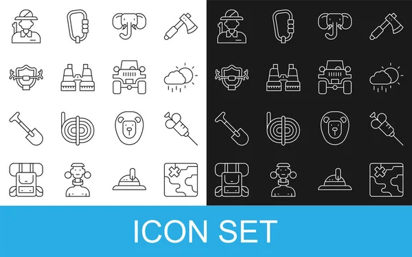 Set line Africa safari map, Syringe, Cloud with rain, Elephant, Binoculars, Deer antlers on shield, Hunter and Off road car icon. Vector — Stockvektor