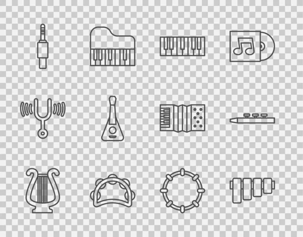 Set line Ancient lyre, Pan flute, Music synthesizer, Tambourine, Audio jack, Guitar, and Drum and drum sticks icon. Vector — Stock Vector