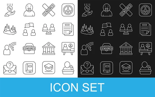 Set line Speaker, Peace, Document, Censored stamp, Speech bubble chat, Burning car, Coins on hand - minimal wage and Gender equality icon. Vector — Vetor de Stock