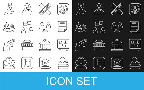 Set line Speaker, Peace, Document, Censored stamp, Speech bubble chat, Burning car, Coins on hand - minimal wage and Gender equality icon. Vector — Image vectorielle