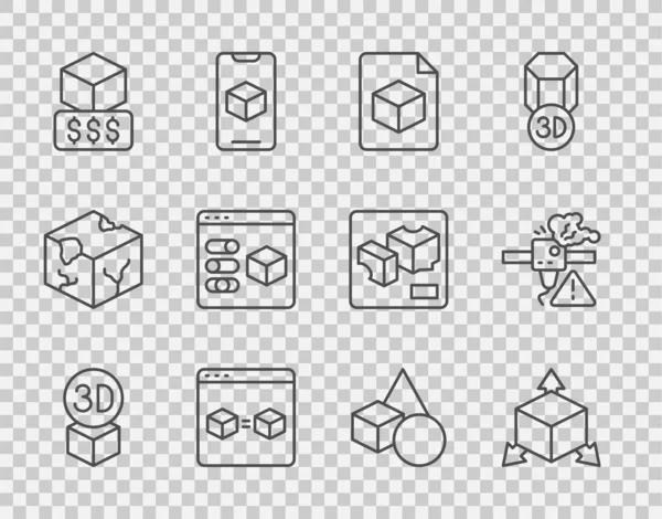 Set line Isometric cube, file, 3D printer perfect copy, services, Basic geometric shapes and warning icon. Vector — Stockvektor