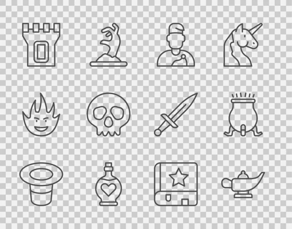 Set line Magic hat, lamp or Aladdin, Wizard warlock, Bottle with love potion, Castle tower, Skull, Ancient magic book and Witch cauldron icon. Vector — Vetor de Stock