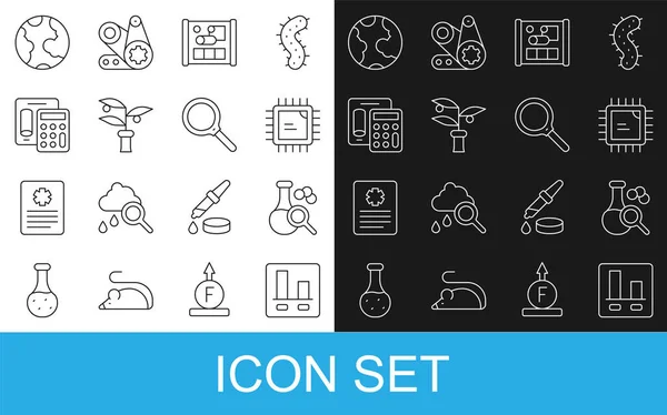 Set line Graph chart infographic, Test tube, Processor CPU, Graphing paper for engineering, Plant breeding, Calculator, Earth globe and Magnifying glass icon. Vector — Stockový vektor