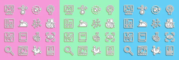 Set line Patient record, Eye scan, Basic geometric shapes, Atom, Experimental mouse, Graph chart infographic, Genetic engineering and Molecule icon. Vector — Vetor de Stock