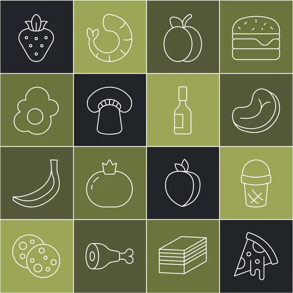 Set line Slice of pizza, Ice cream in waffle, Steak meat, Plum fruit, Mushroom, Scrambled egg, Strawberry and Tabasco sauce icon. Vector — Stock vektor