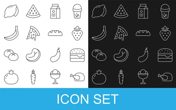 Set line Roasted turkey or chicken, Burger, Strawberry, aper package for milk, Slice of pizza, Banana, Lemon and Bread loaf icon. Vector — Vector de stock