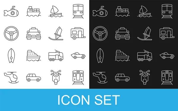 Set line Train and railway, Car, Rv Camping trailer, Yacht sailboat, Taxi car, Steering wheel, Submarine and Windsurfing icon. Vector —  Vetores de Stock