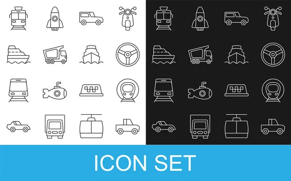 Set line Pickup truck, Train and railway, Steering wheel, Car, Delivery cargo, Cruise ship, Tram and icon. Vector —  Vetores de Stock